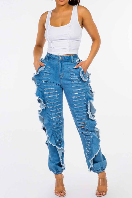 Ruffled Destroyed Jeans - PinkLuscious