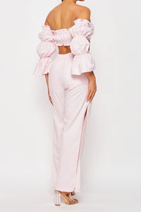 Off Shoulder Ruffled Top & Pants Set - PinkLuscious